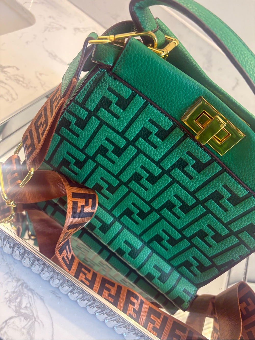 Faux-Monogram Green Leather Crossbody Bag with Gold Hardware